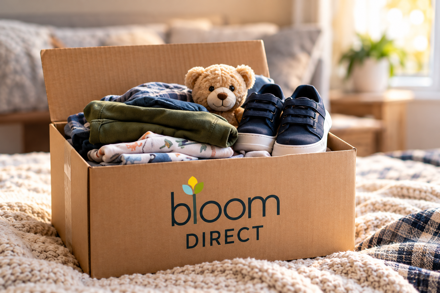 Bloom Direct box containing clothes, shoes, and a teddy bear