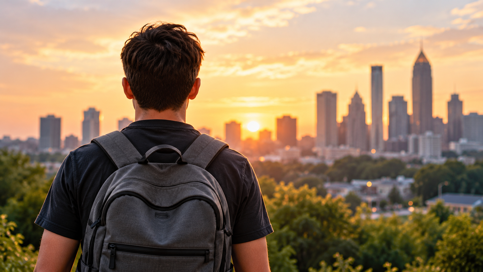 Young adult with a backpack looking toward Atlanta at sunset